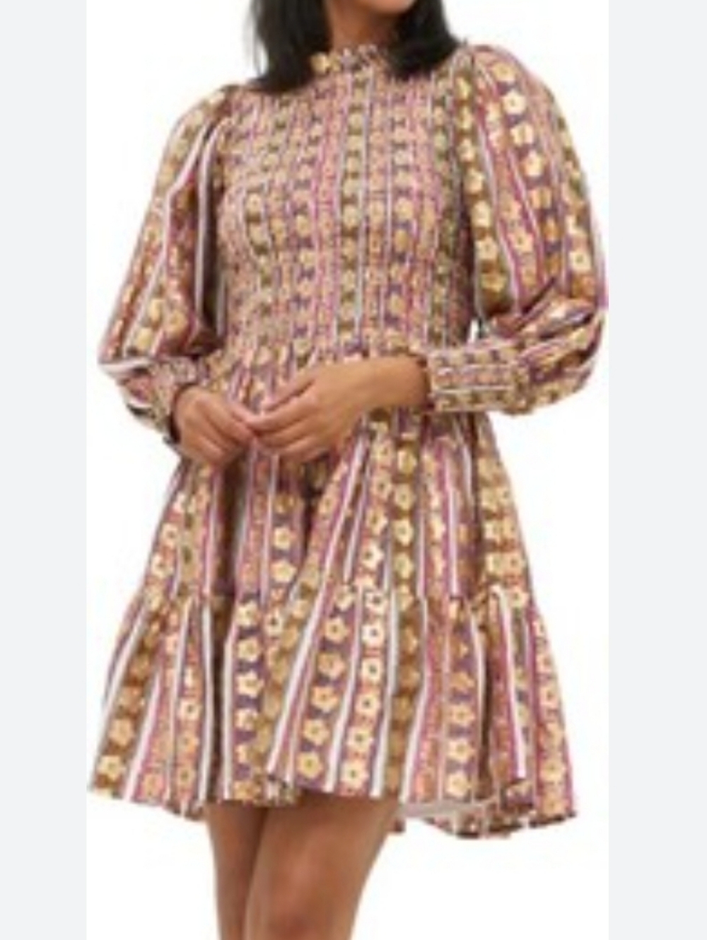 Oliphant Coated Gold Wine And Peach Graphic Printed Smocked Dress - Picture 3 of 10